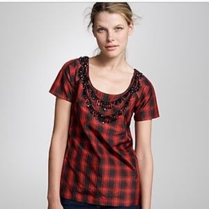 J Crew Red Silk Plaid Eliza Short Sleeve Blouse